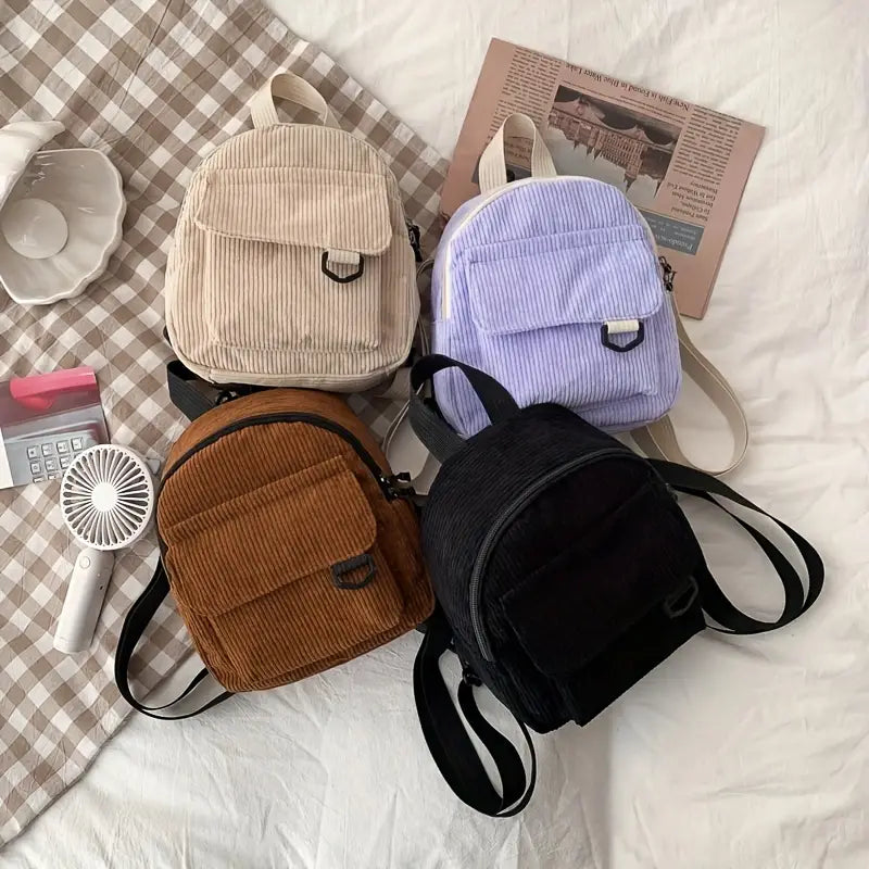 Sac à Dos en Velours Côtelé Mignon avec Petite Trousse de Cosmétiques