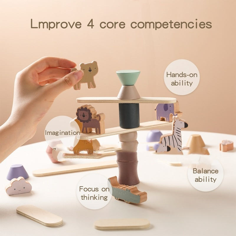 Jouet d'équilibre Montessori en bois avec animaux à empiler