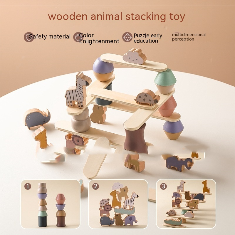 Jouet d'équilibre Montessori en bois avec animaux à empiler